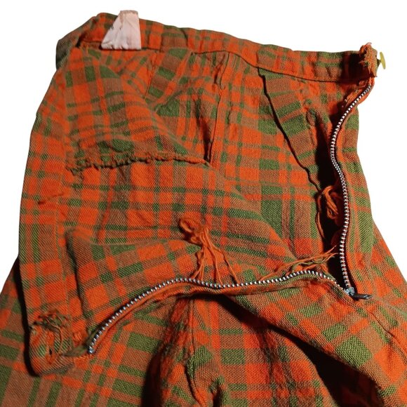 Girls 12 20W Shorts Vtg 60's Plaid High-Waist Orange Green Cotton Side Zipper - Picture 5 of 9